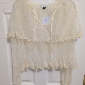 American Eagle Outfitters Cream Sheer Lace Peasant Blouse
